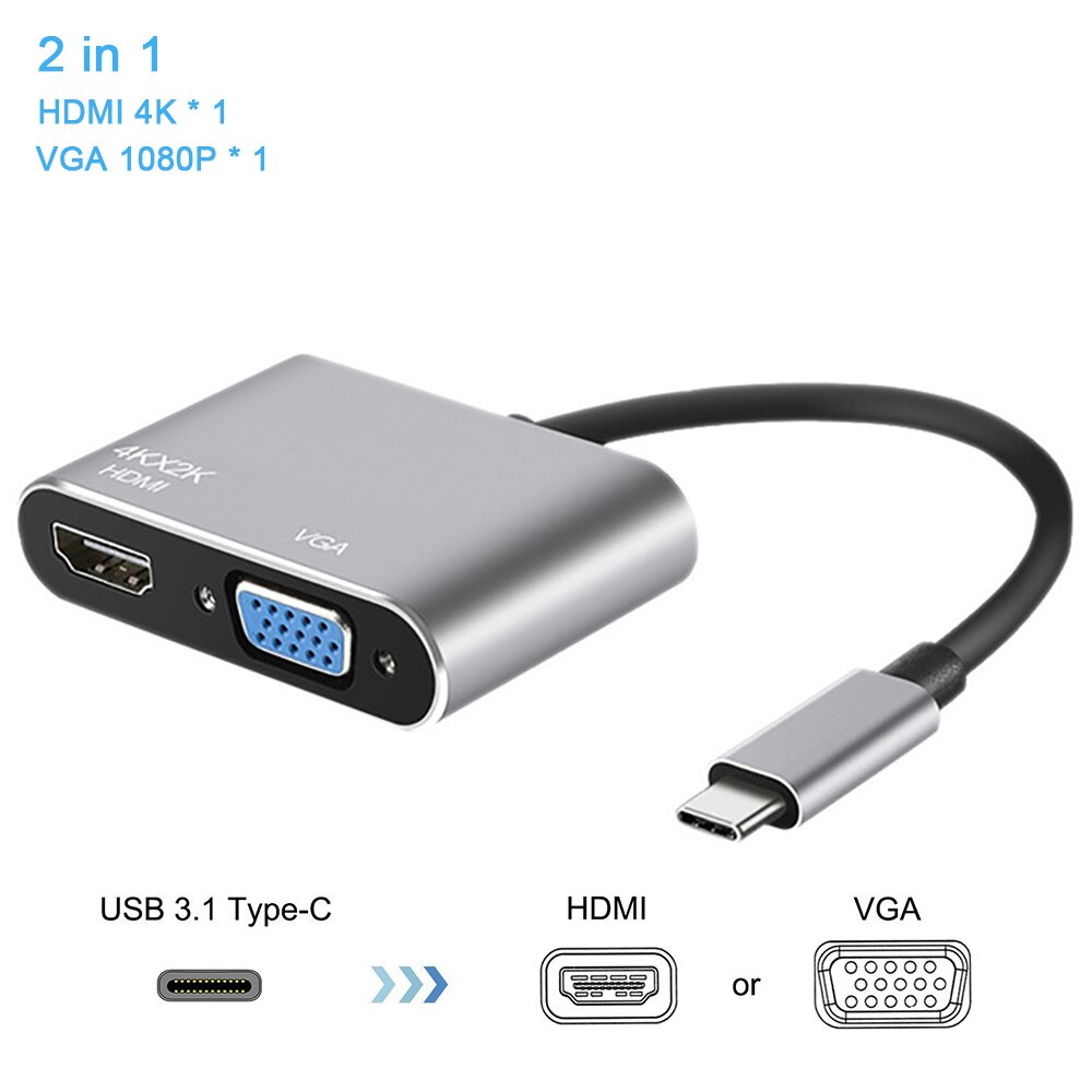 Usb 3.1 Type C Dock Hub Naar Usb 3.0 Type C Vga RJ45 Pd Hdmi-Compatibel Usbc Hub Voor laptop Usb Docking Station Adapter Converter: 2 in 1 grey