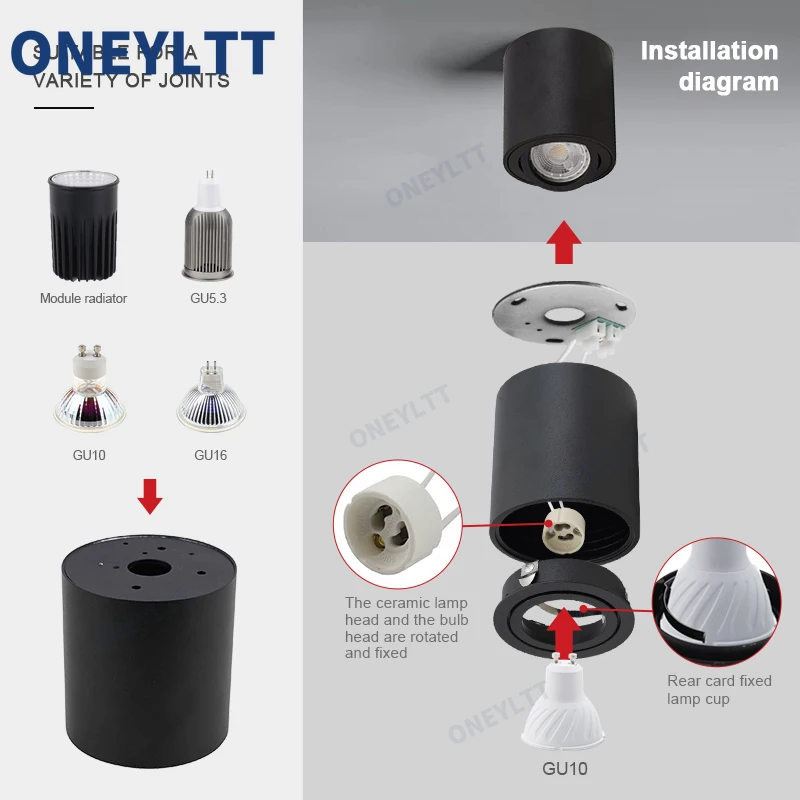 Spotlight  gu10 -armatur rund led-påbygget loftspotlight  gu 10 halogenpære cylinderformet nedadrettet lampearmatur 220v