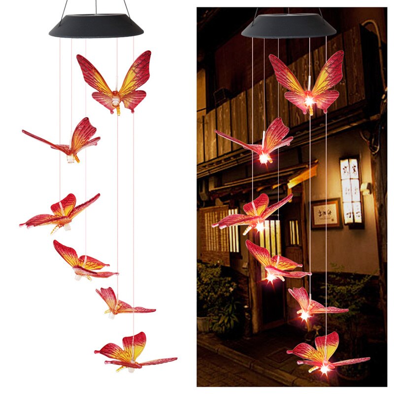Carillón de viento Solar para exteriores, 6 LED, estilo mariposa, guirnalda de jardín impermeable, luces colgantes, lámpara Solar de decoración, Spinner de viento: C