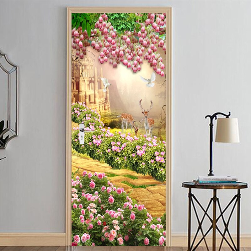 Self-Adhesive Wallpaper 3D Tulip Flowers Forest Landscape Animal Door Sticker Living Room Bedroom Waterproof Door Decal Stickers