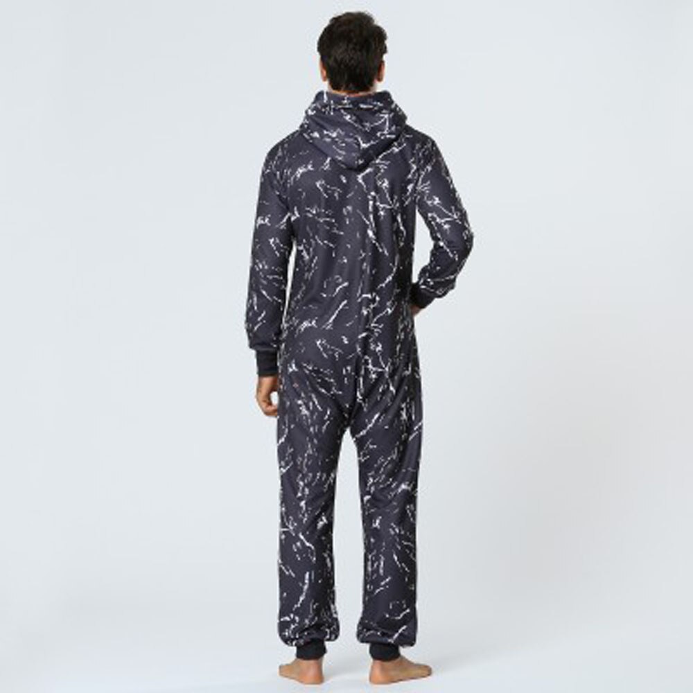 Adults Long Sleepwear One Piece Pajamas Male Jumpsuits Hooded Black Print Onesie For Men Home Wear