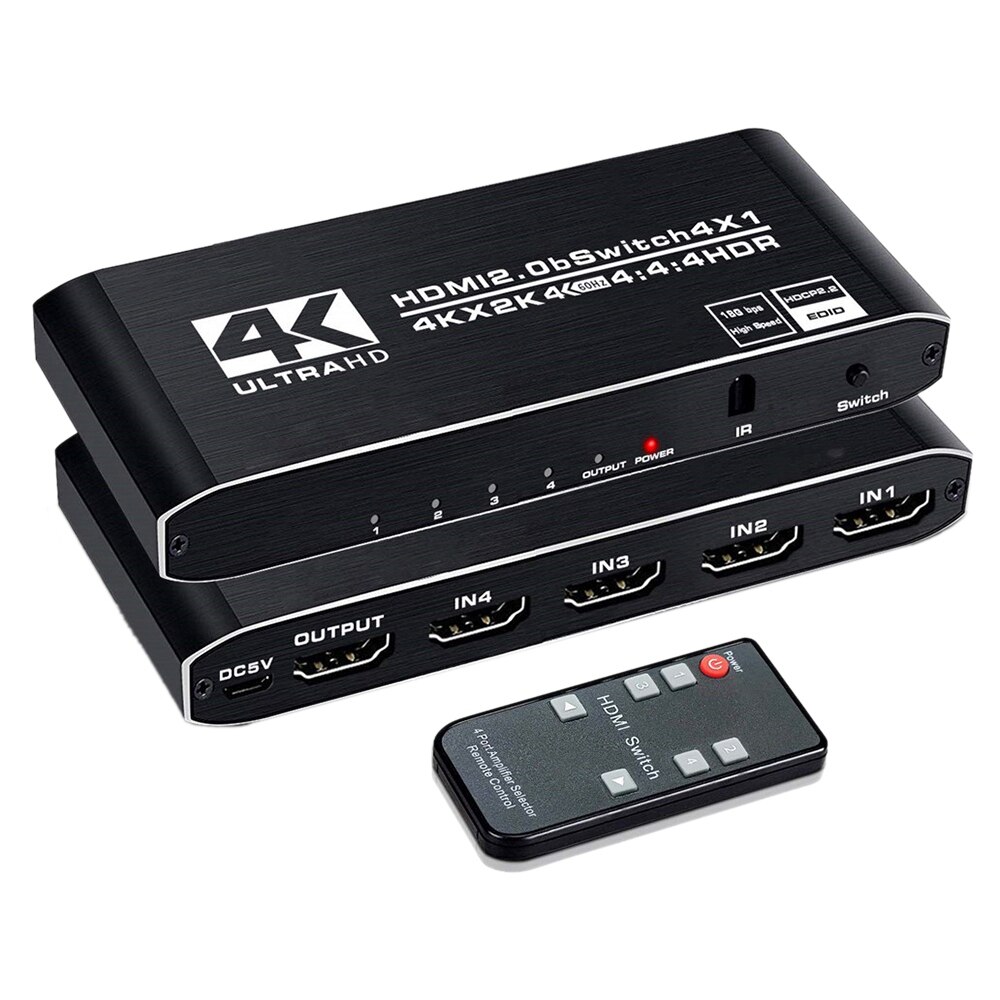 4K HDR HDMI Switch 4 Ports HDMI 2.0 Switcher Selector with IR Remote Control for PS4 Apple TV Fire Stick