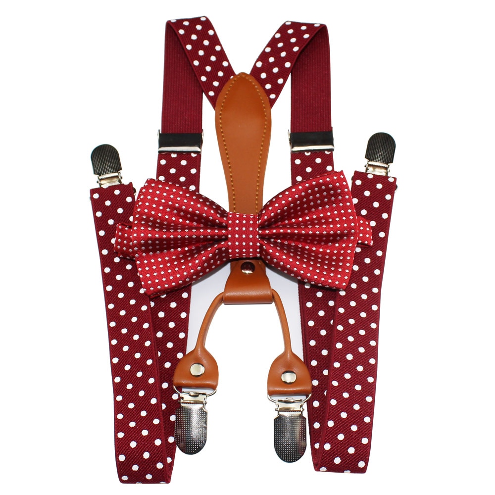 Yienws-nœud papillon à pois pour hommes et femmes, bretelles 4 clips en cuir, bretelles pour pantalons, rouge marine, YiA119