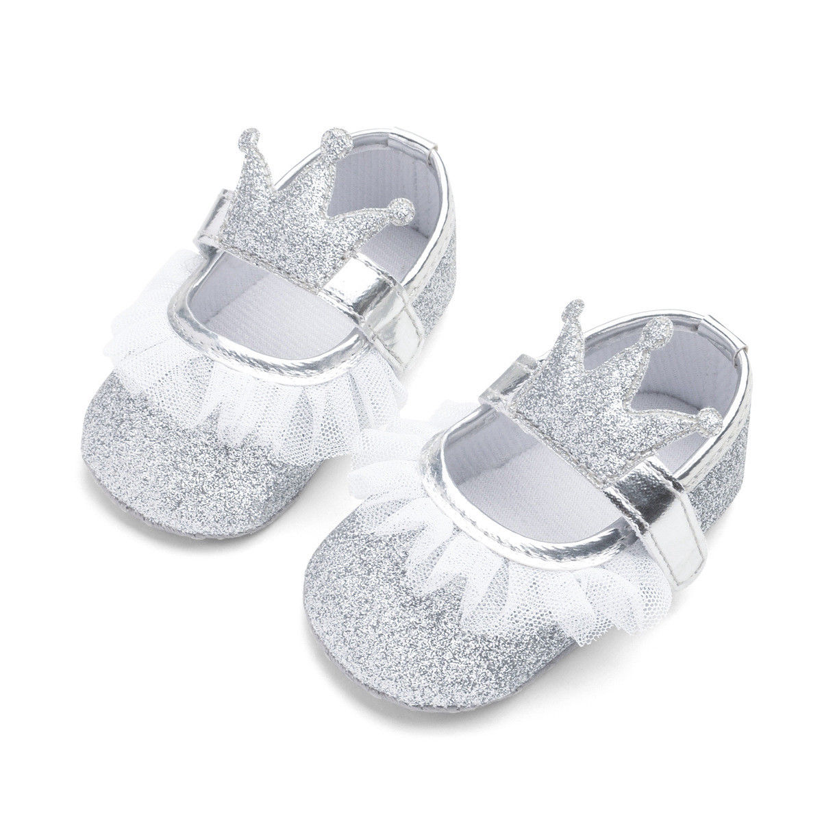 Helt nyfødt spædbarn baby pige prinsesse blonde krone sko pailletter bomuld blød sål krybbe prewalker sko first walkers