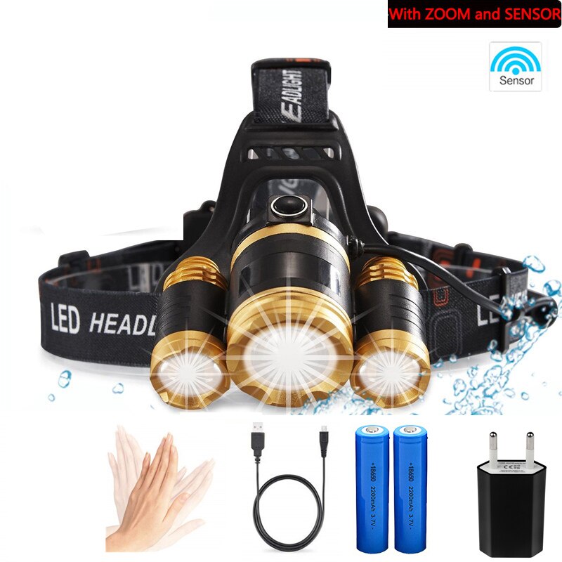 6000 Lumen 3 Leds Koplamp Vissen Koplamp T6 4Modes Draagbare Zoomable Waterdichte Headtorch Camping Wandelen Met Usb-kabel