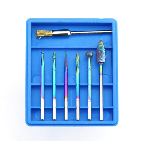 7 stk/sæt diamant hårdmetal fræser regnbue neglebor børste til manicure elektriske maskine bits burr nail art værktøjer: 3