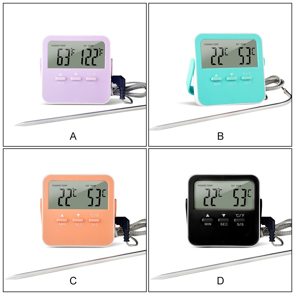 BBQ Thermometer 0-250℃ Grill Temperature Meter Timing Function 304 Stainless Steel Battery Operated Meat Gauge Outdoor Green