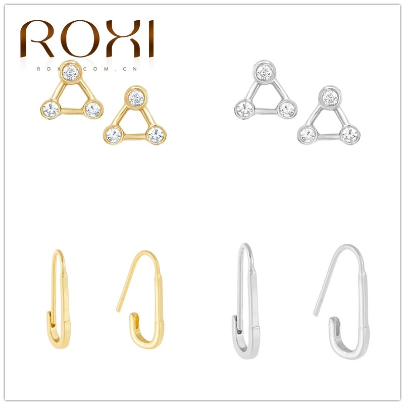 ROXI Cuore Triangolo Quadrato Luna Spille Catena Orecchie di Gatto di Cristallo Orecchini Con Perno Per le donne Ragazze Cartilagine Orecchino gioielli In Argento 925