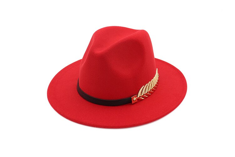 Damer uld fedora varm jazz hat chapeau femme feutre panaman cap filt kvinder fedora hatte med perler bælte vintage trilby hætter: Rød