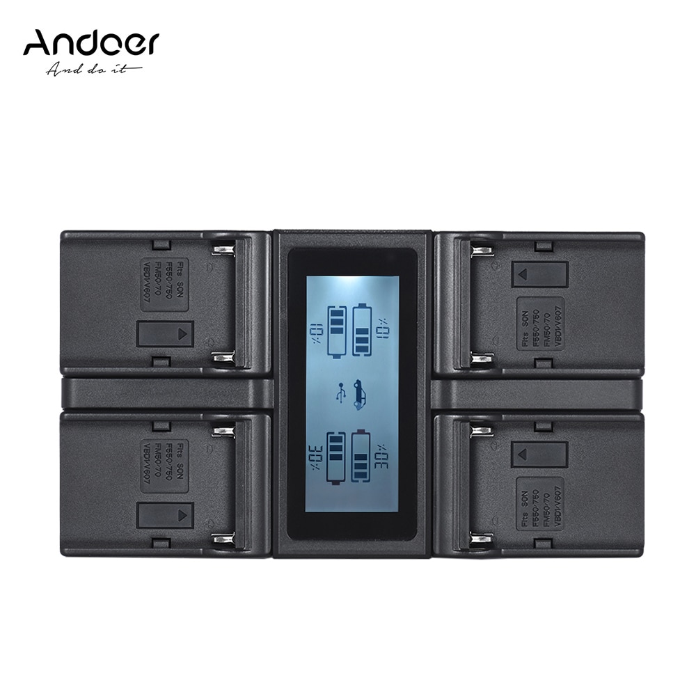 Andoer NP-F970 4-Kanaals Digitale Camera Batterij Oplader w/Lcd-scherm voor Sony NP-F550 F750 F950 NP-FM50 FM500H QM71