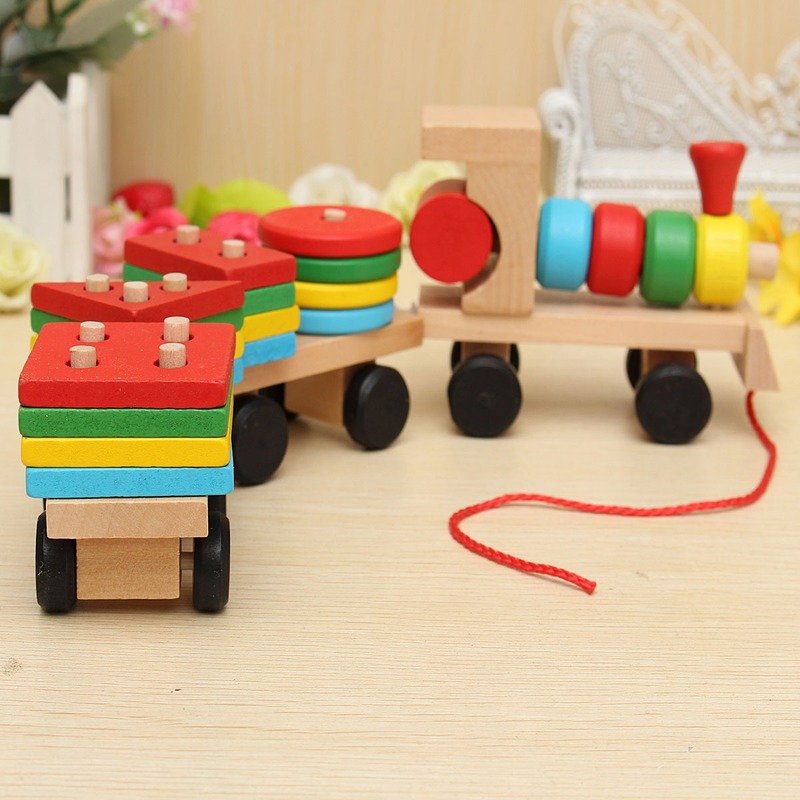 Wooden Train Building Blocks Educational Kids Baby Wooden Solid Stacking Train Toddler Block Toy for Children Birthday