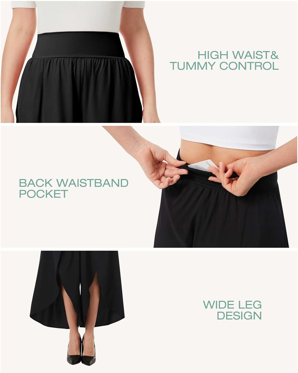 Pantalones de pierna ancha para mujer Split Flowy Palazzo Cintura alta Verano Playa Casual Crop con bolsillo