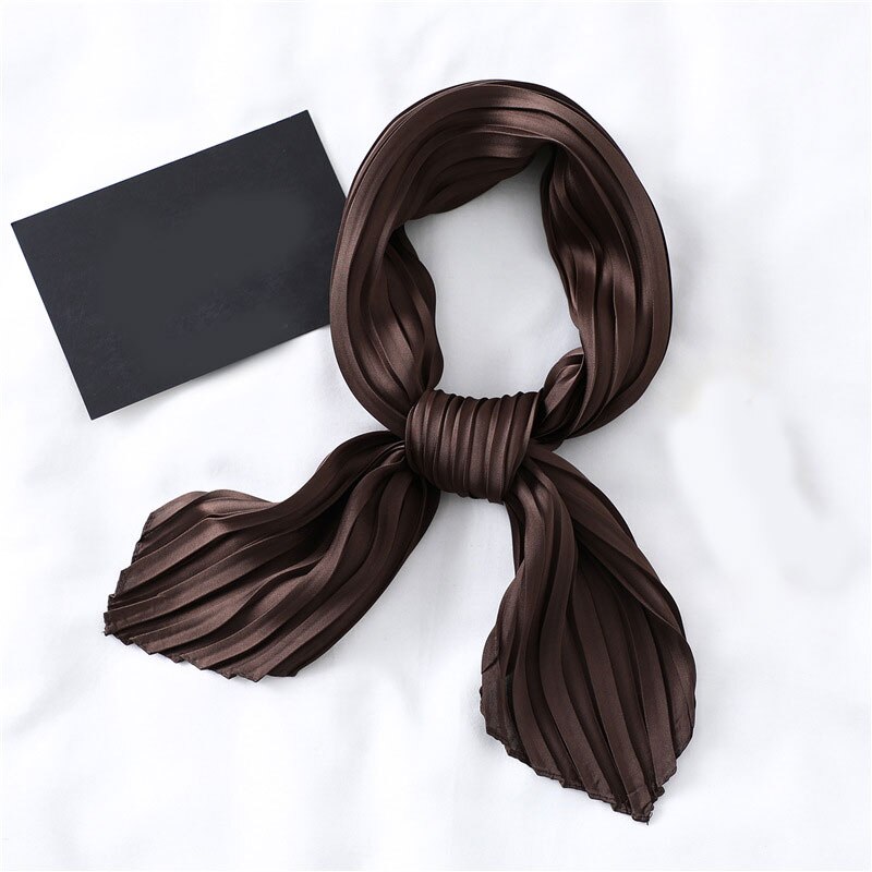 Silk Pleated Scarf Square Scarf For Women Small Scarves Soft Satin Neckerchief Decorative Headscarf Solid Hair Scarf Summer: Coffee