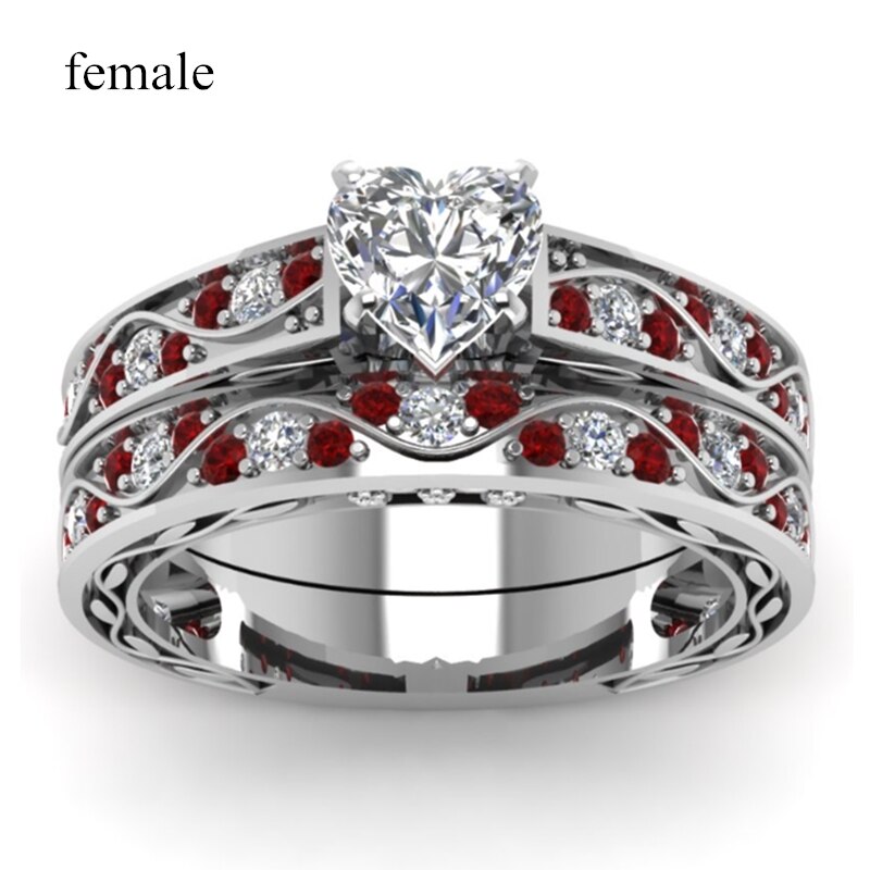Carofeez par ring smycken 8mm rostfritt stål röd imitation trä män ring kvinnors hjärta zirkon förlovningsring vigselring