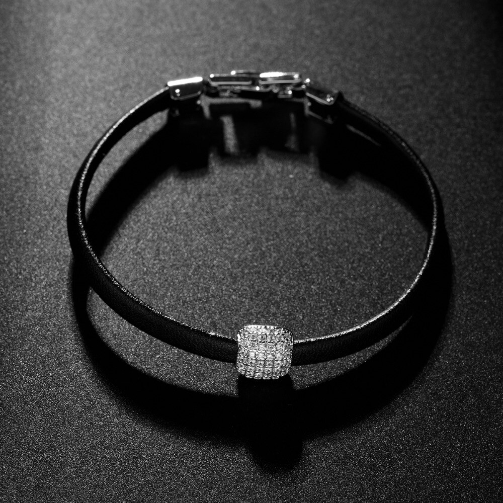 LUOTEEMI Trend Leather Simple Geometric Zircon Bead Handmade Charm Bracelets &amp; Bangles for Women Trendy Black PU Leather Jewelry