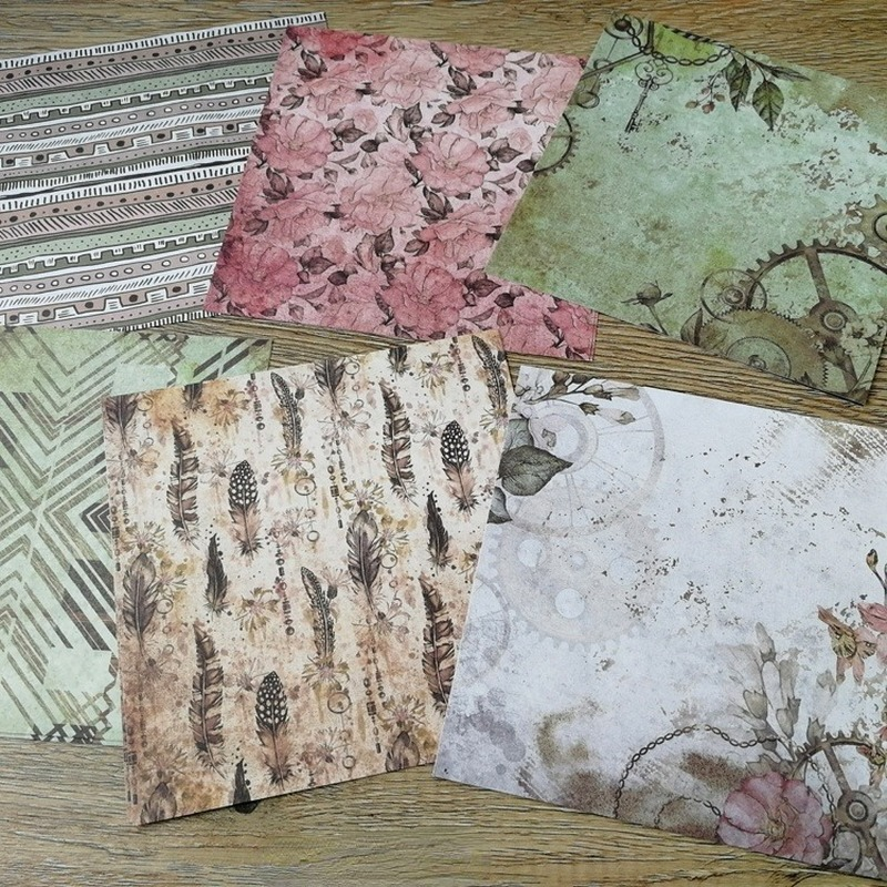 Confezione di scrapbooking in carta con motivi mistico viaggio, sfondo artigianale fatto a mano, stampato su un assolo lato