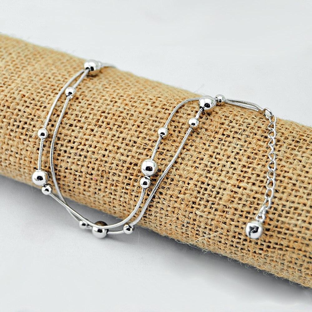 simple 100% 925 Sterling silver women anklets &amp; Bracelets Solid silver double bead chains Beach barefoot sandals jewelry