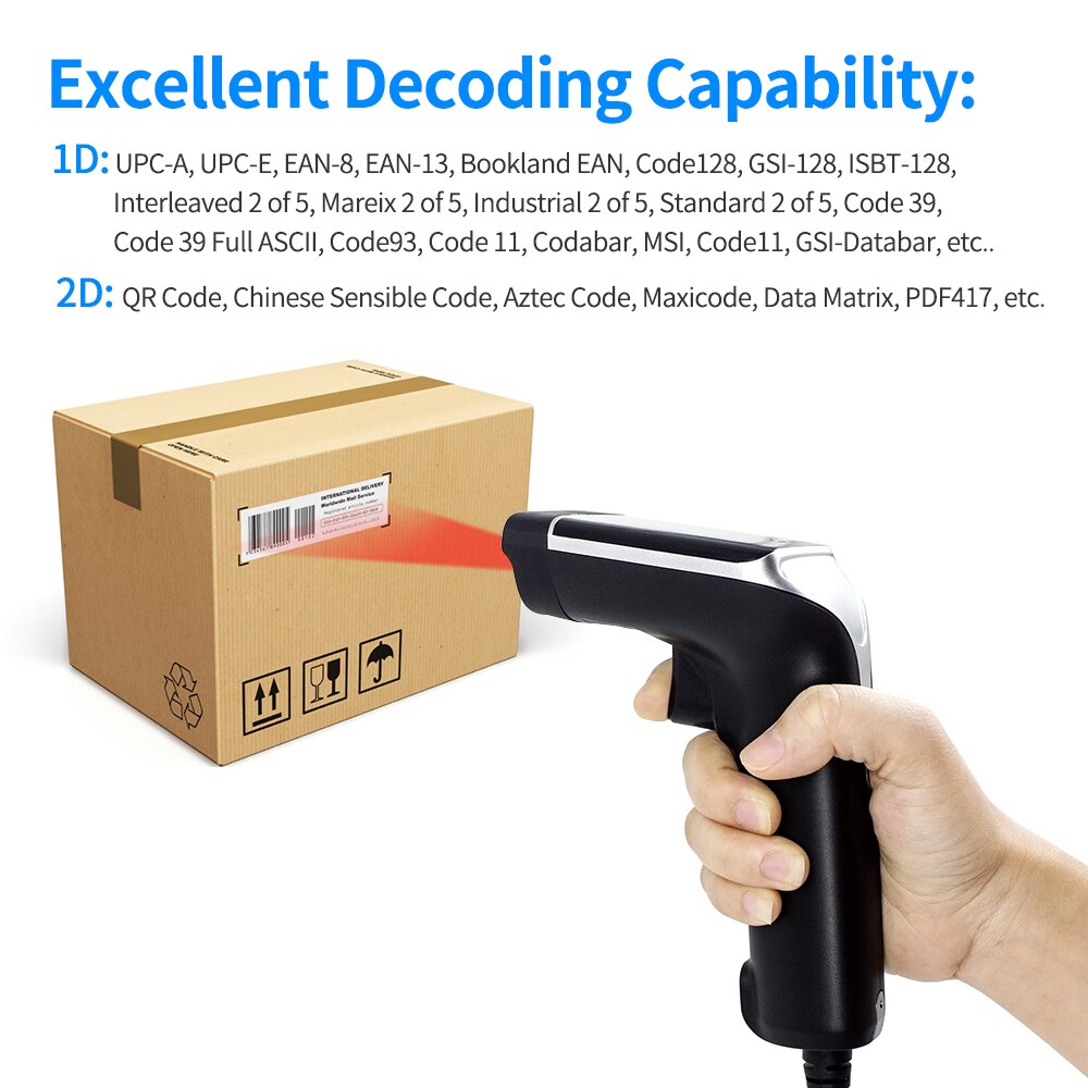 Aibecy Handheld 1D/2D/QR Barcode Scanner USB Wired Bar Code Reader Support Two-Way Manual/Auto Continuous Scanning