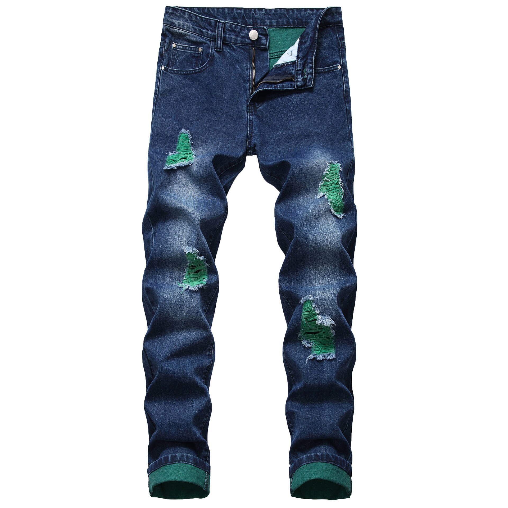 Herrjeans rak slim fit hål slitna jeans herr casual streetwear biker jeansbyxor man blå: Blå / 36