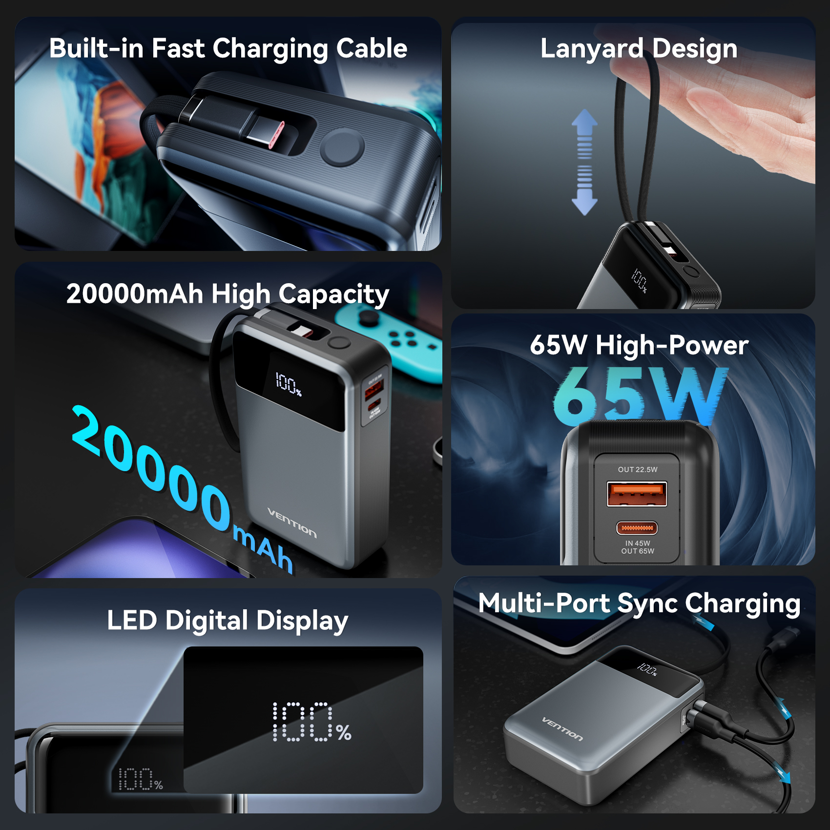 Vention Power Bank 20000mAh 65W PD Fast Charging Built-in USB-C Cable Portable Powerbanks Auxiliary Spare Battery for iPhone 15