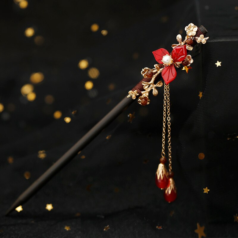 Bruid Klassieke Hanfu Cheongsam Kanzashi Haarspeld Rode Bloem Kwastje Haar Stok Oudheid Super Fee Haarspeld Haar Clip Cosplay