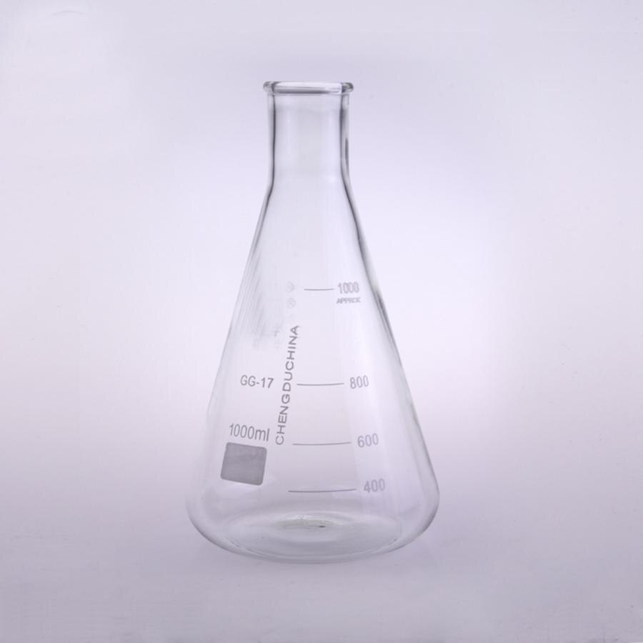 Matraz Erlenmeyer cónico de vidrio borosilicato de cuello estrecho de 1000ml para laboratorio químico