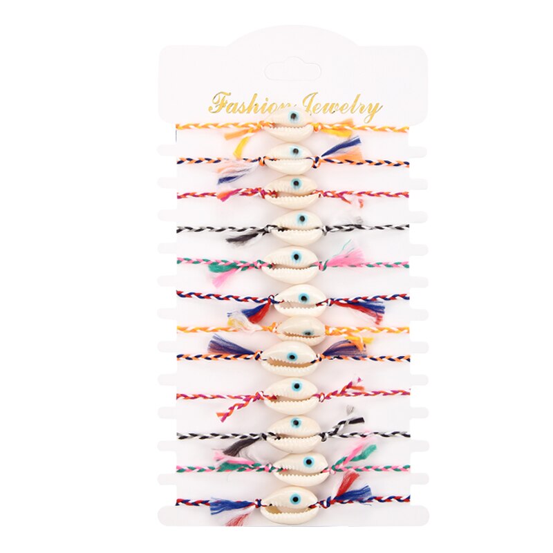Pulsera de cuerda trenzada con conchas de cristal para mujer, brazalete ajustable hecho a mano con de Calavera, mariposa y mal de ojo, 12 unids/lote: B2678