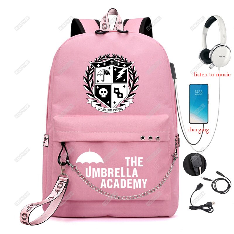 Mochila De La Academia paraguas Usb para hombre y mujer, Bolsa Escolar para ordenador portátil, mochila de viaje, Mochilas de ocio con cadena: Pink-5