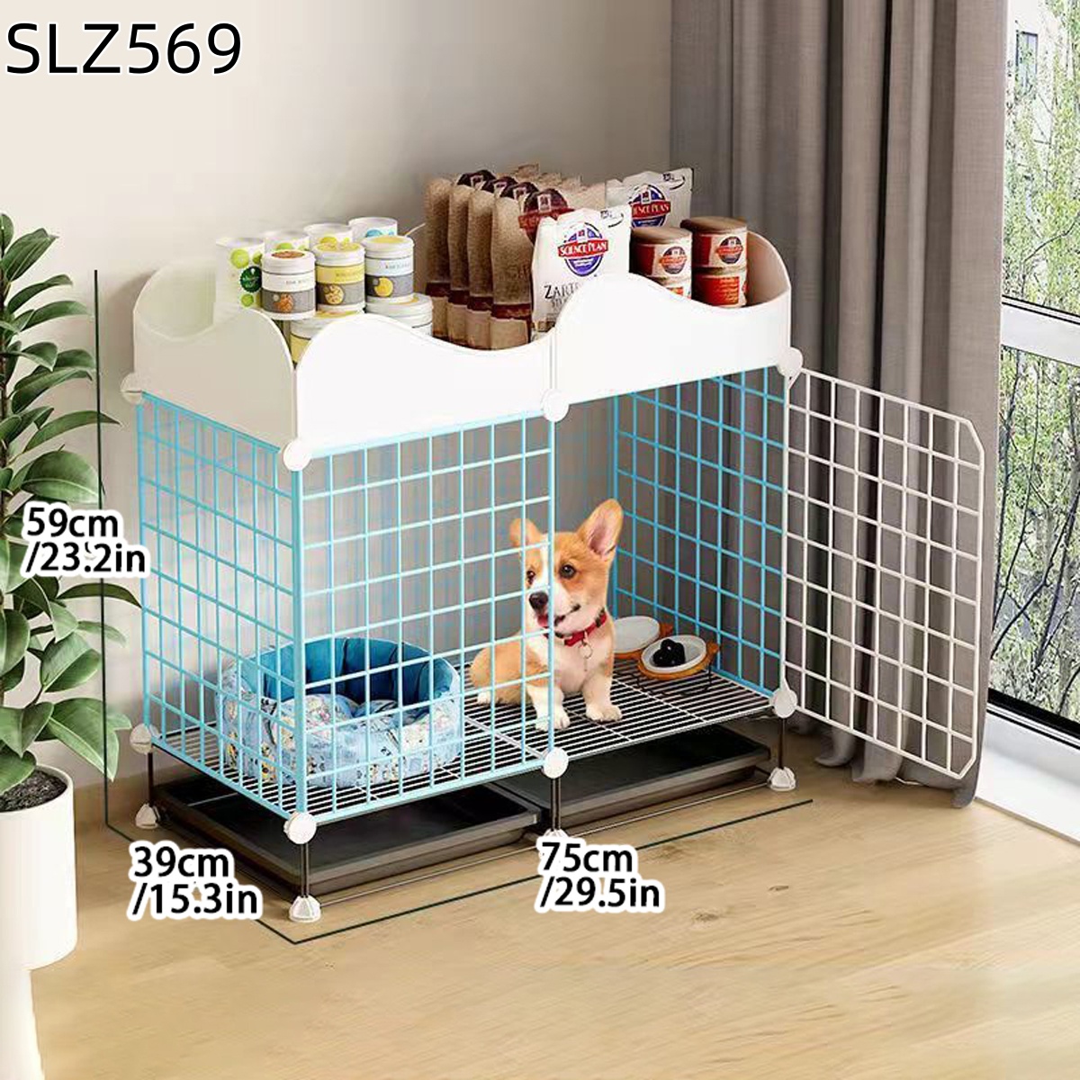 Hundebur for små og mellomstore hunder innendørs med toalettseparert kennel villa corgi teddy kjæledyrhundegjerde: Hvit