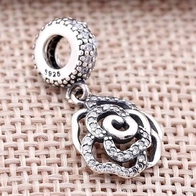 Originele Opengewerkte Rose Bloem Met Crystal Hanger Kraal Fit 925 Sterling Zilveren Kraal Charm Armband Diy Sieraden