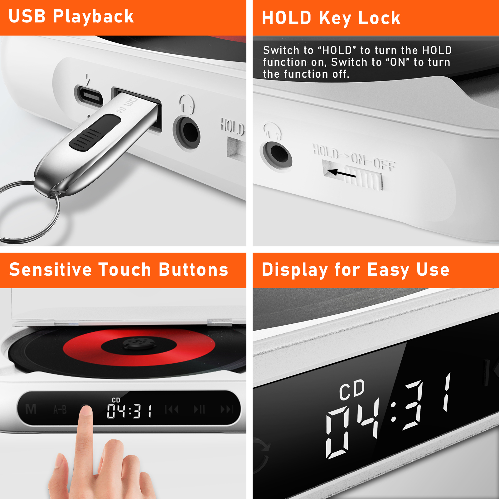 Reproductor de CD KC918: altavoz Bluetooth portátil, pantalla LED, reproductor estéreo, de sonido HIFI, batería recargable integrada de 2000 mAH
