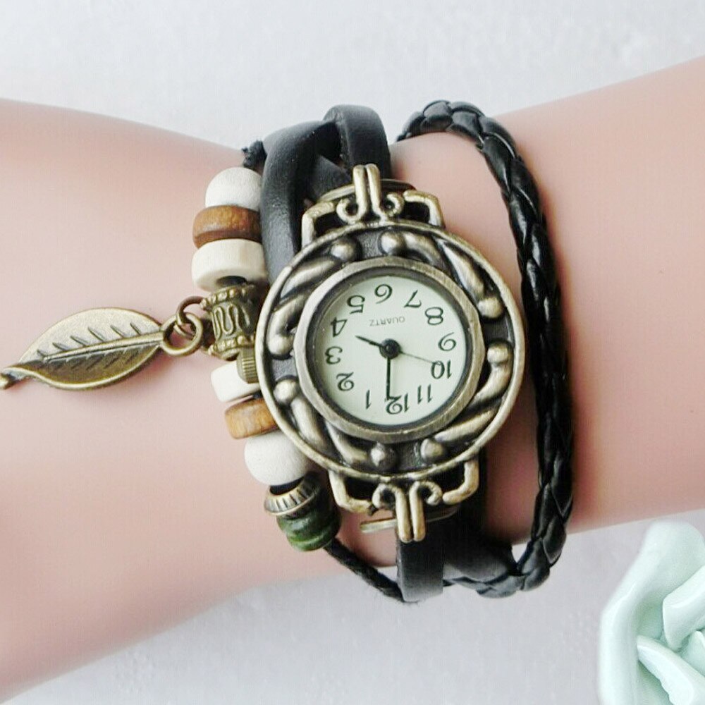 Vrouw Armband Horloge Lederen Band Leaf Hanger Ladie Horloge Retro Eenvoudige Quartz Lady Klok Relogi montre dames horloges # W: Zwart