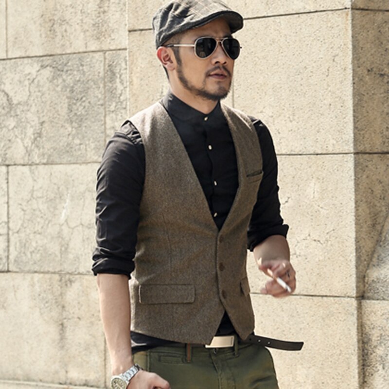 Casual sem mangas jaqueta casaco masculino colete formal vestido terno colete fino três botão de lã colete terno britânico 2020