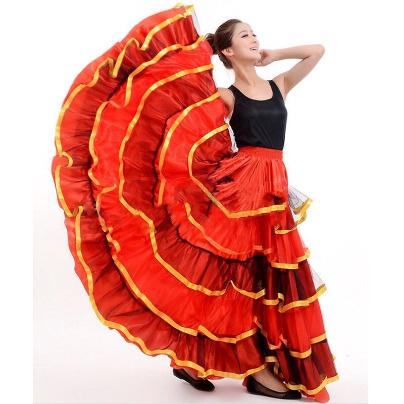 Womens Ballroom Spanish Flamenco Dance Skirt Red Dancer Fancy Dress Costume Belly Dancing Skirts 360/540/720 Degree
