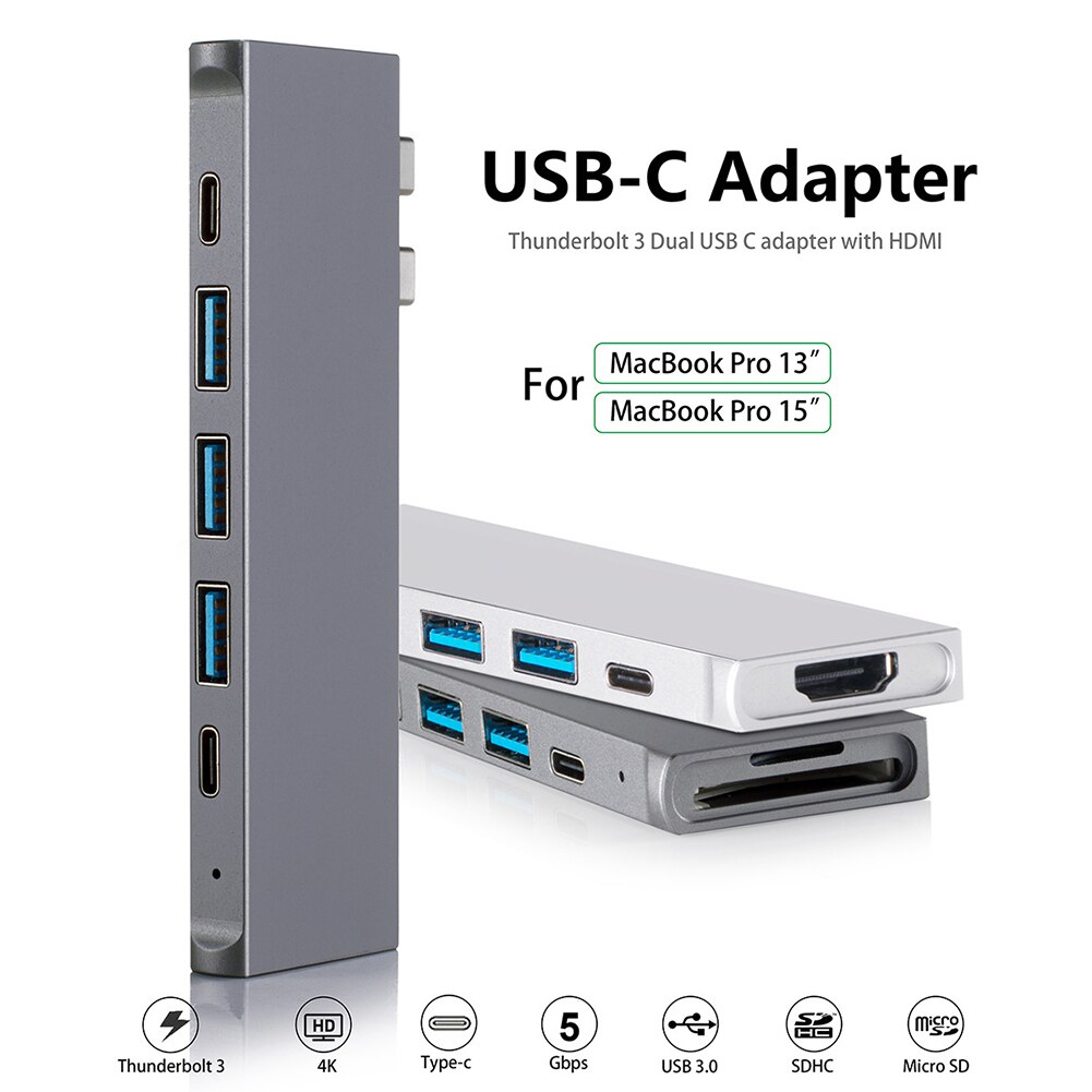 USB 3.0 porte ad alta velocità tipo-c portatile doppio tipo-c HUB Converter 8 in 1 a 3 USB3.0 USB-C PD 4K HDMI Converter