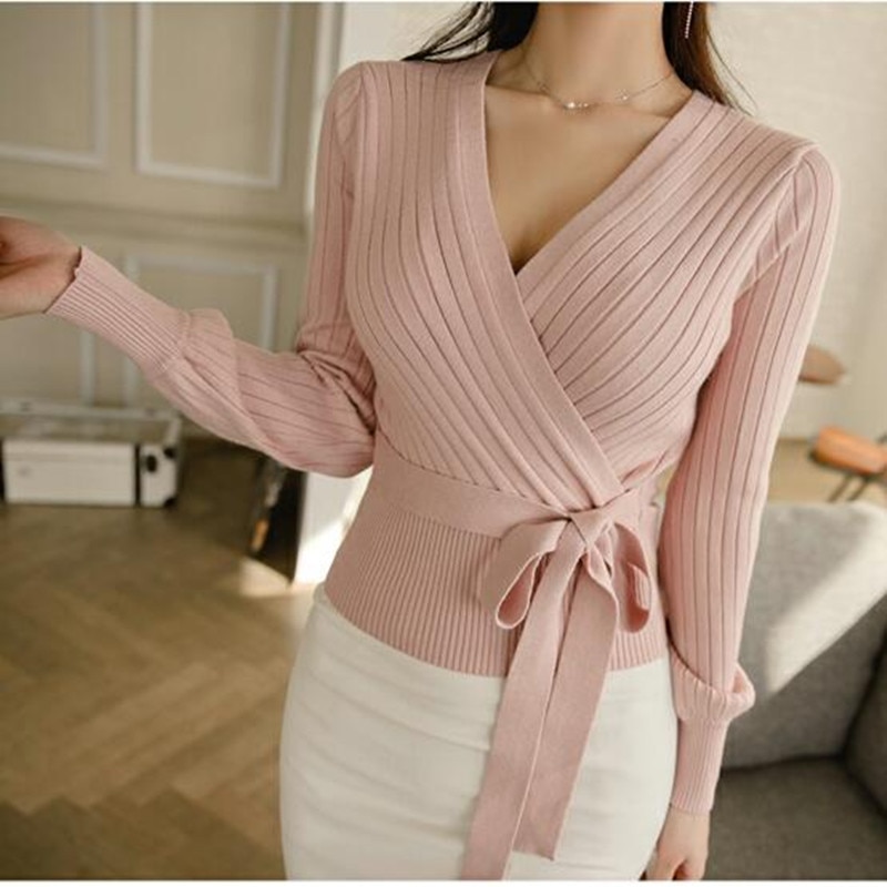Lyserød v-hals lanterne ærme snørebånd wrap sweater kvinder forår efterår sort ol cardigan strikket jumper damer toppe