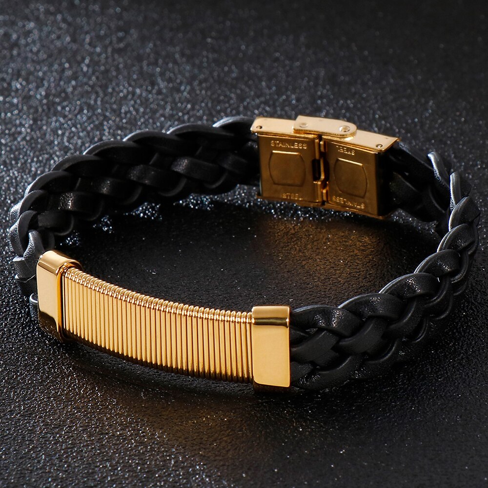 Vintage sieraden, gouden roestvrijstalen polsbandjes voor jongens, 13mm brede gevlochten leren armbanden voor mannen, zwarte armbanden