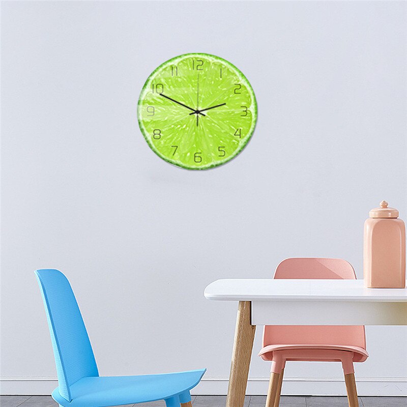 Groene citroenfruit wandklok voor keuken, acryl, stille hangende horloge, slaapkamerhorloge, lasser, muurklok, woondecoratie