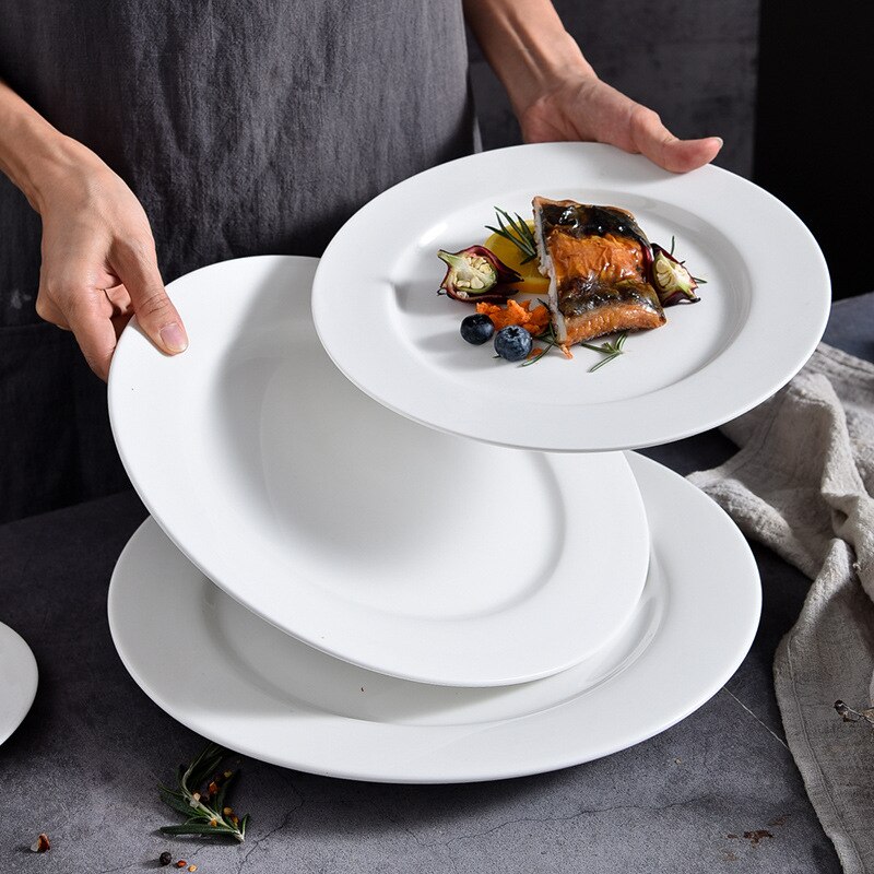 Pure white ceramic round flat plate Western steak plate snack cake plate restaurant dumpling plate hotel dessert plate custom