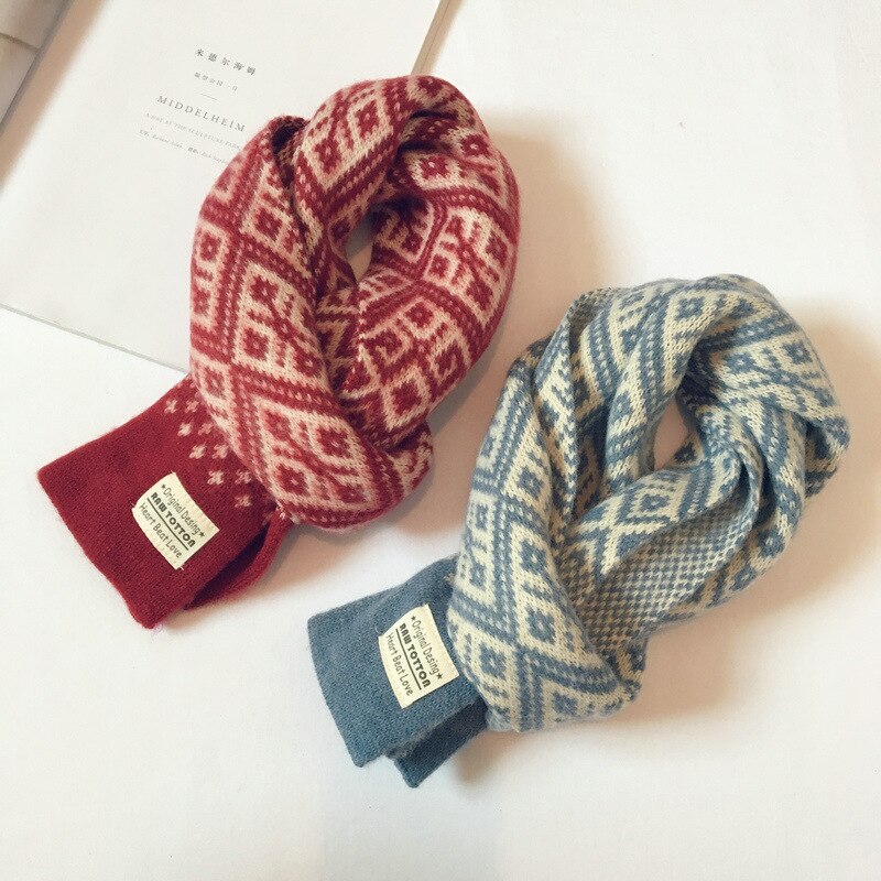 Höst vinter barn scarfs för flickor pojkar retro geometriskt mönster ull stickad baby scarf varm sjal barn halsdukar