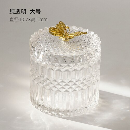 Luxe Kristal Wattenstaafje Box Gouden Vlinder Glazen Pot Snoep Jar Horloge Opbergdoos Glas Container Organizer Home Decor: C