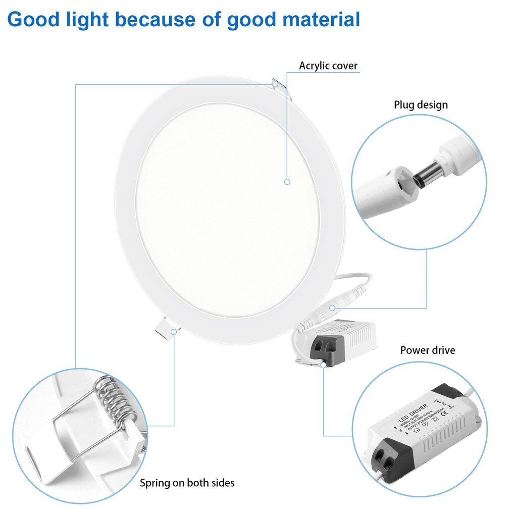 24W Super Bright Ultra-thin LED Panel Light Ceiling Lamps Recessed Light Fixture Kit with LED Driver 275mm Open Hole Round