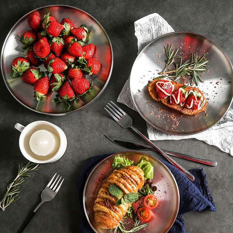 304 Edelstahl Runde Platte, Doppel-Doppelwandige Isolierte Abendessen Platte, Platten für Snack, Gerichte und Obst