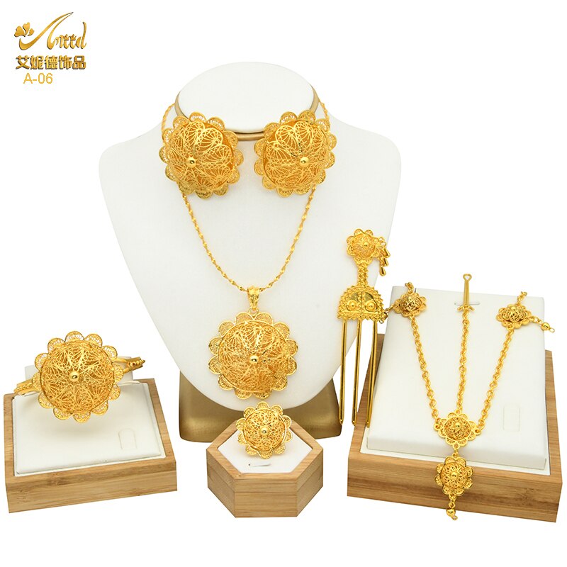 ANIID etiope da sposa 6 pezzi Set di gioielli collana di lusso Color oro marocchino africano Set regalo di accessori per feste di nozze nigeriane: A-06-Gold