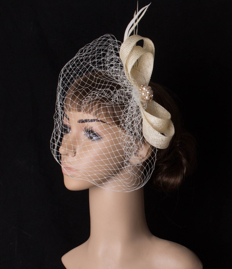 Sinamay-tocado de novia de malla para boda, sombrero con plumas, accesorios para el cabello, tocado de cena para mujer, pasador de pelo: Beige