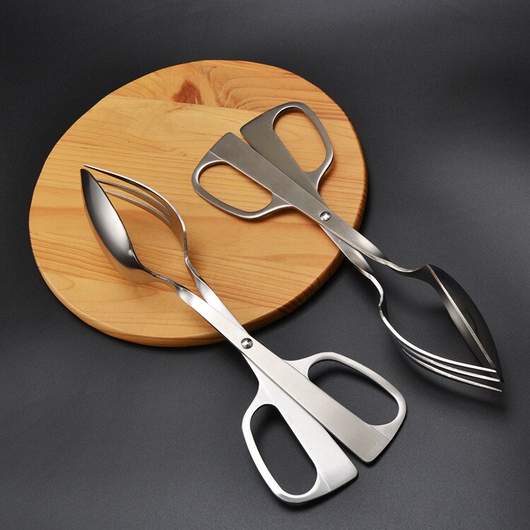 Stainless Steel Salad Servers Spoon Scissor Tong Serving Tools Kitchen Gadgets Accessories