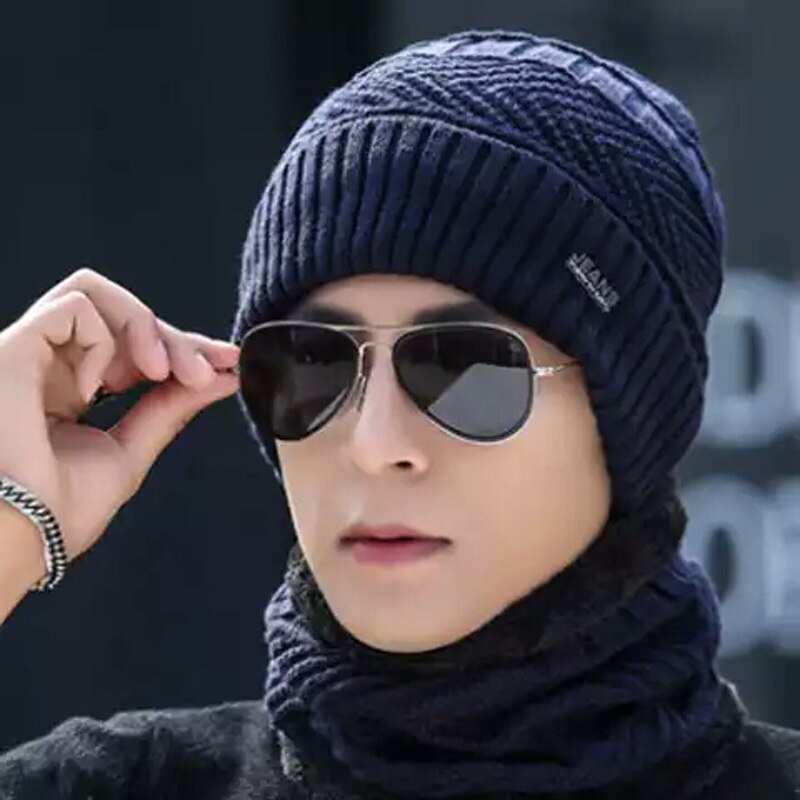 men winter hat scarf set male warm fleece knitted beanie cap with neck warmer Balaclava