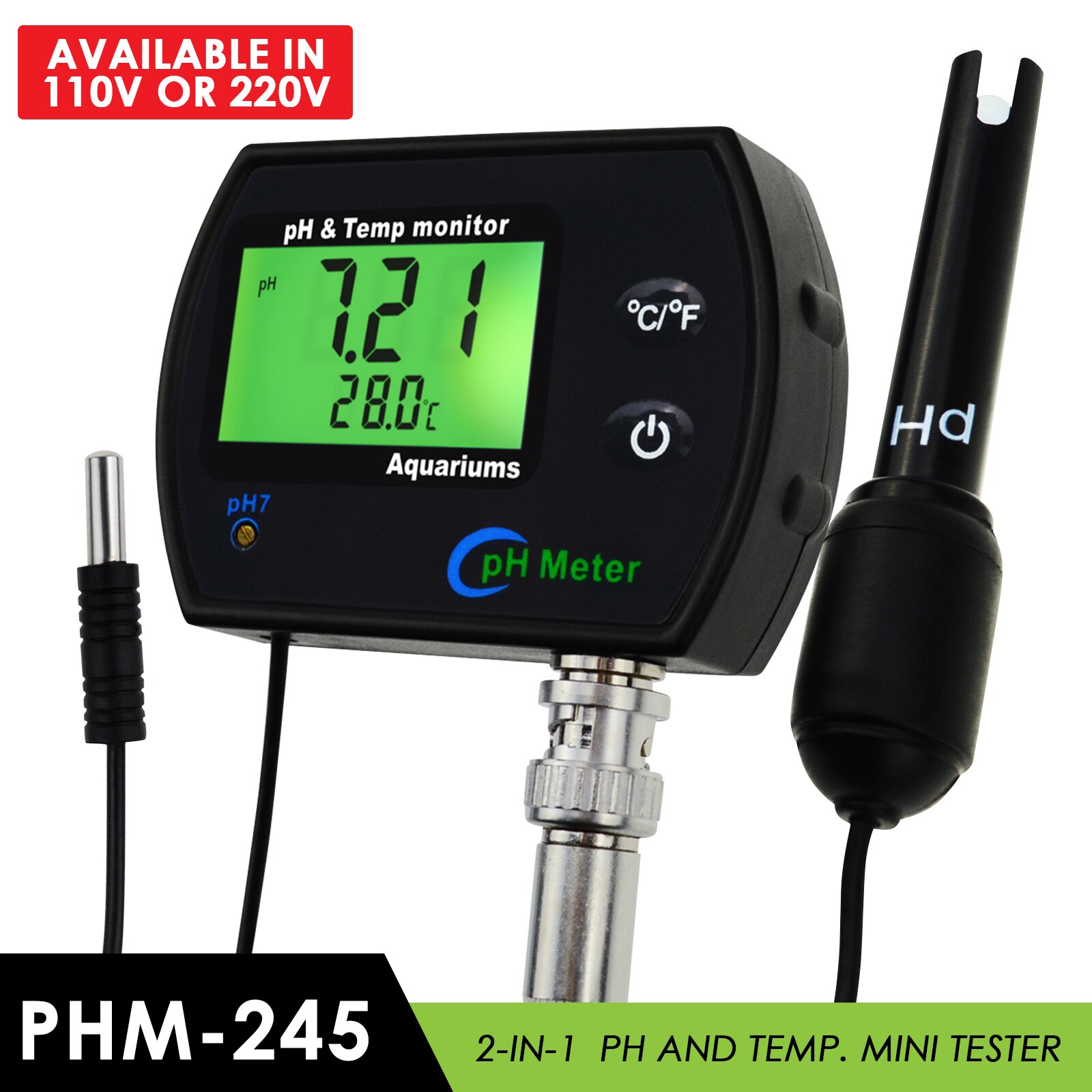2-in-1 Combo PH &amp; Temperature Water Meter Tester w/ Replaceable Electrode Dual Display for Aquariums Hydroponics Lab