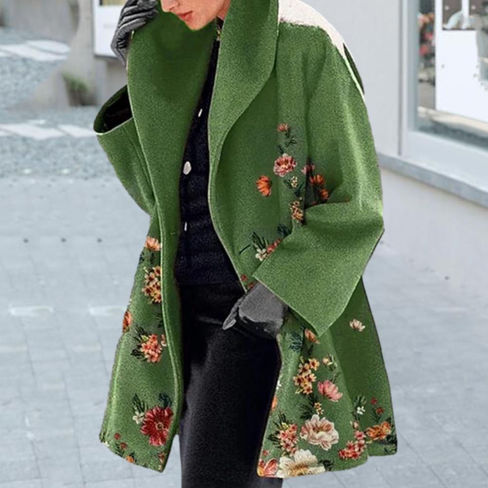 Spring Jacket Flower Print Women's Fall Winter Overcoat with Turn-down Collar Plus Size Mid Length Loose Thick Warm Long