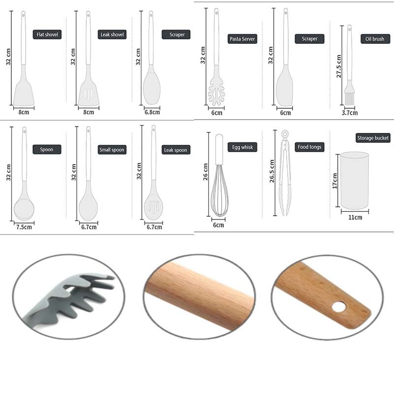 Wooden Handle Silicone Kitchenware Set Non-stick Cookware Cooking Spoon Frying Spatula Colander Kitchen Accessories Baking Tools
